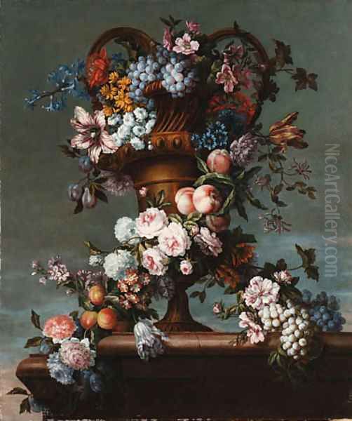 Grapes, peaches, plums, roses, hyacinth, hydrangea and other flowers entwined around a bronze vase Oil Painting by Jean-Baptiste Monnoyer