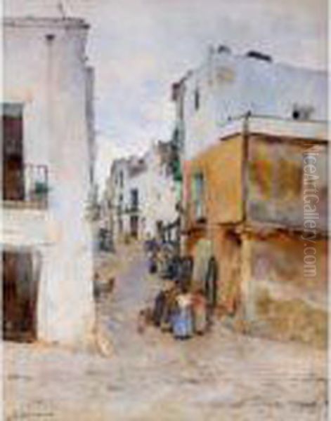 Pueblo Espanol (a Village Street) Oil Painting by Luis Graner Arrufi