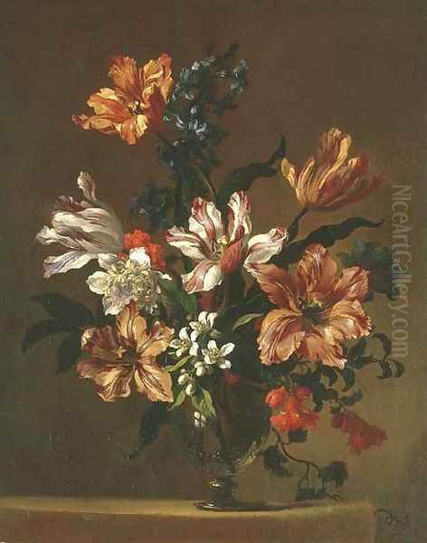 Parrot tulips and other flowers in a glass vase on a stone ledge Oil Painting by Jean-Baptiste Monnoyer