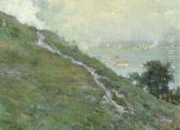 View Of A Harbor From A Hilltop Oil Painting by Luis Graner Arrufi