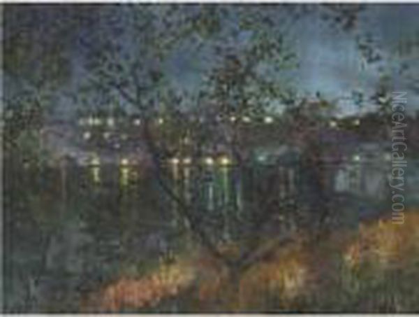 City Lights Reflection By Night Oil Painting by Luis Graner Arrufi