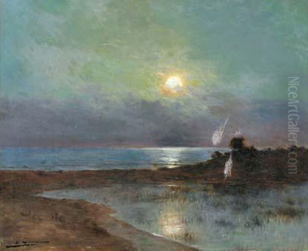 Marine Et Etang Au Clair De Lune Oil Painting by Luis Graner Arrufi