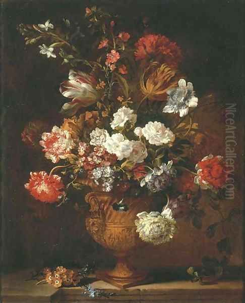 Parrot tulips, chrysanthemums, primroses, morning glory and other flowers in a sculpted urn on a stone ledge Oil Painting by Jean-Baptiste Monnoyer