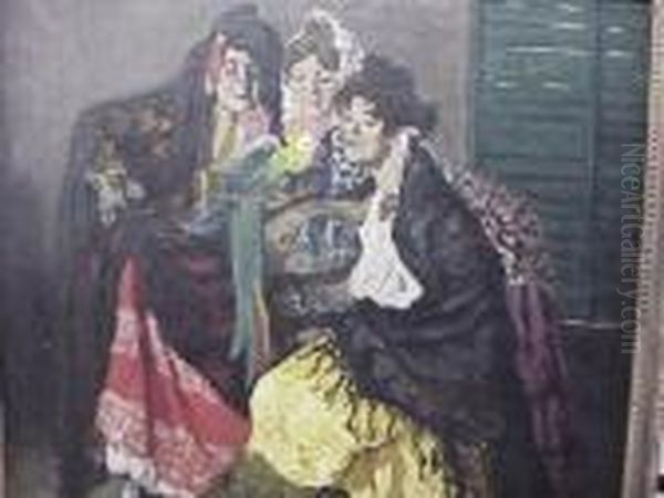 Three Spanish Women With A Parrot Oil Painting by Luis Graner Arrufi