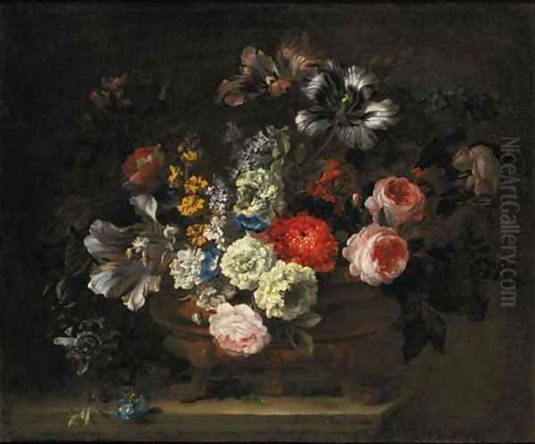 Roses, tulips, lilies, chrysanthemums, lilac, gentians and yellow sage in an urn on a marble ledge Oil Painting by Jean-Baptiste Monnoyer