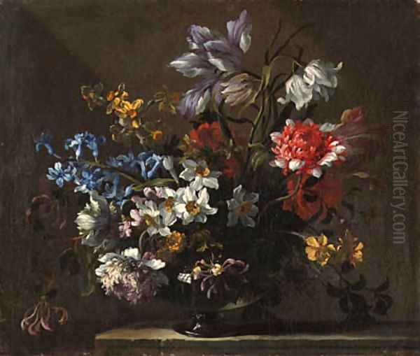 Narcissi, peonies, hyacinth, honeysuckle and a tulip in a glass vase on a ledge Oil Painting by Jean-Baptiste Monnoyer