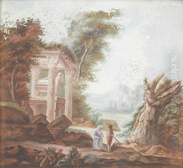 Landschaft Mit Antiken Ruinen Und Zwei Figuren. Oil Painting by Francois-Marius Granet