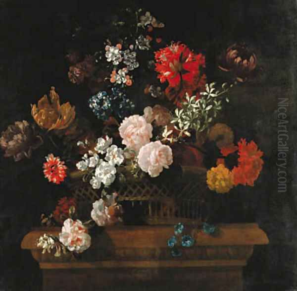 Roses, convolvulus, spider lilies, parrot tulips, a paeony and other flowers in a basket on a pedestal Oil Painting by Jean-Baptiste Monnoyer