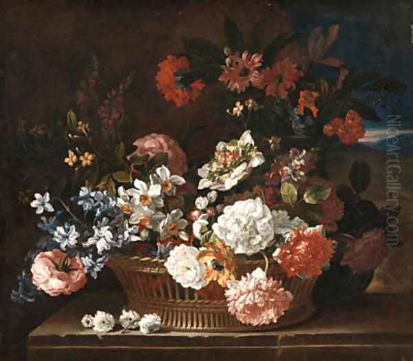 Roses, Narcissi, a Hyacinth, Primulae, Jasmine, Carnations and other Flowers in a wicker Basket on a stone Ledge, a Landscape beyond Oil Painting by Jean-Baptiste Monnoyer