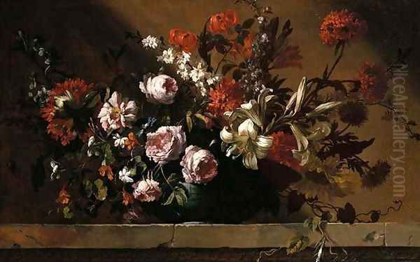 Roses, tulips, lilies and other flowers in a ceramic dish on a stone ledge Oil Painting by Jean-Baptiste Monnoyer