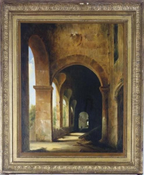 A Cloister With A Gardener Wheeling A Barrow Oil Painting by Francois-Marius Granet