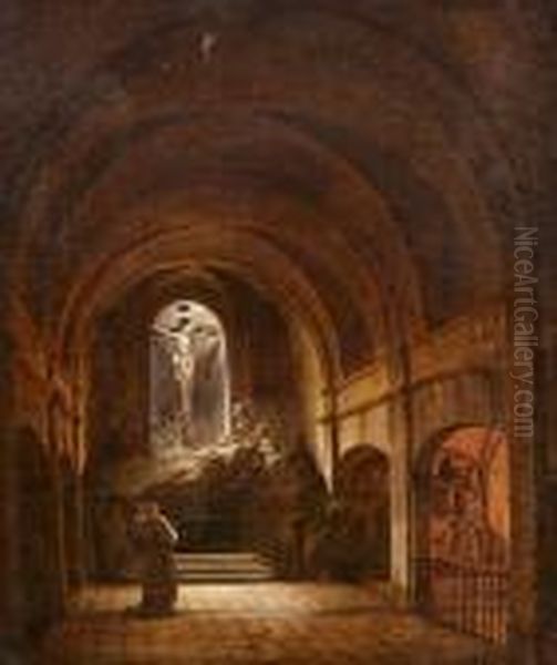 A Monk In A Church Interior Oil Painting by Francois-Marius Granet