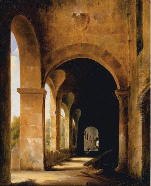 A Cloister With A Gardener Wheeling A Barrow Oil Painting by Francois-Marius Granet