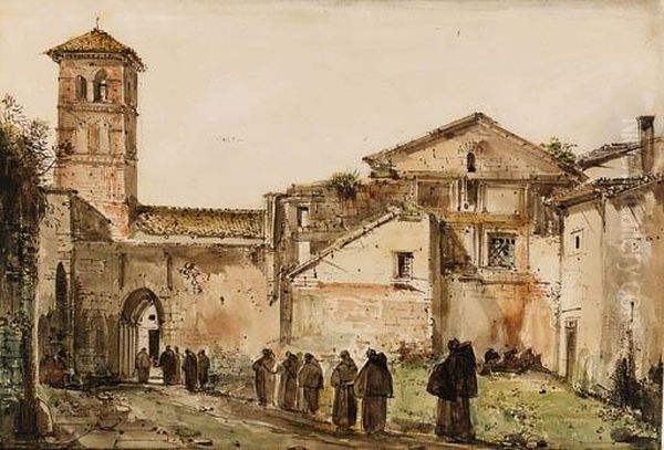 Monks Entering The Gate Of A Monastery Oil Painting by Francois-Marius Granet