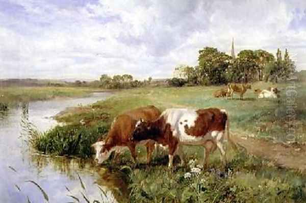 Landscape with cows by a river 1857 Oil Painting by Henry Moore