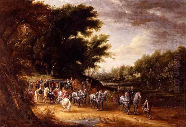 Louis XIV In A State Coach Accompanied By His Gentlemen Oil Painting by Adam Frans van der Meulen