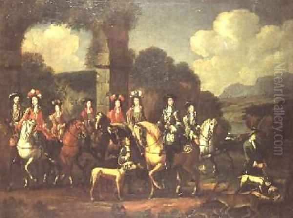 An elegant hunting party by a ruin Oil Painting by Adam Frans van der Meulen