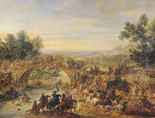 Cavalry Battle on a Bridge Oil Painting by Adam Frans van der Meulen