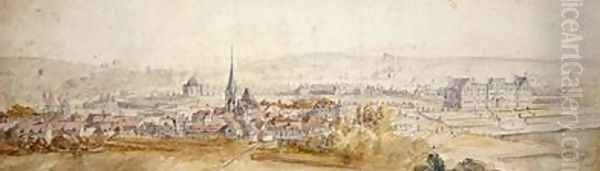 Distant view of a town with a chateau on the right Oil Painting by Adam Frans van der Meulen