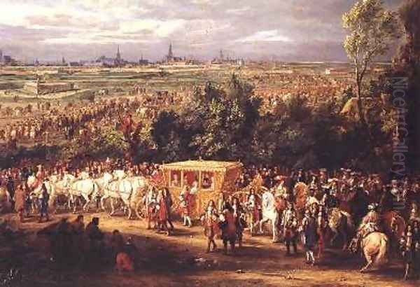 The Entry of Louis XIV 1638-1715 and Marie-Therese 1638-83 of Austria in to Arras 30th July 1667 1685 2 Oil Painting by Adam Frans van der Meulen