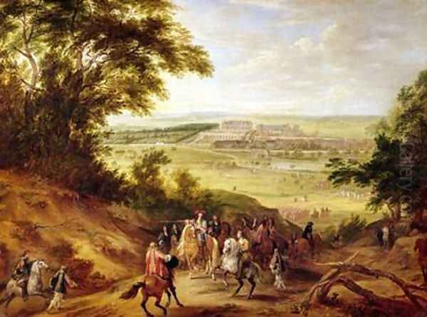 View of the Chateau de Versailles from the Heights of Satory 1664 Oil Painting by Adam Frans van der Meulen