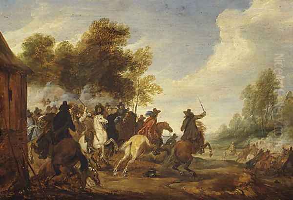 A Cavalry Engagement Oil Painting by Adam Frans van der Meulen