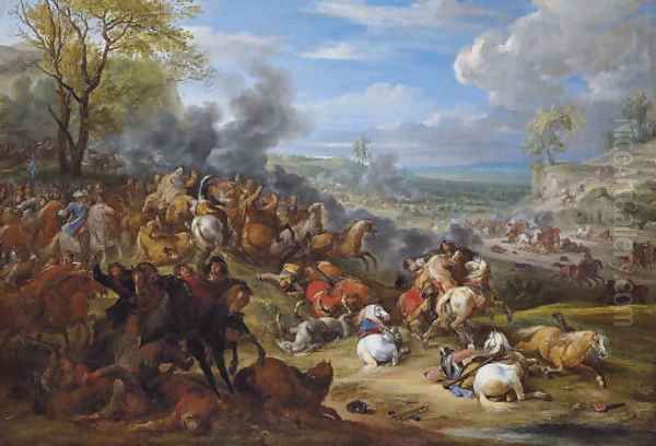 French troops in battle in an extensive landscape Oil Painting by Adam Frans van der Meulen