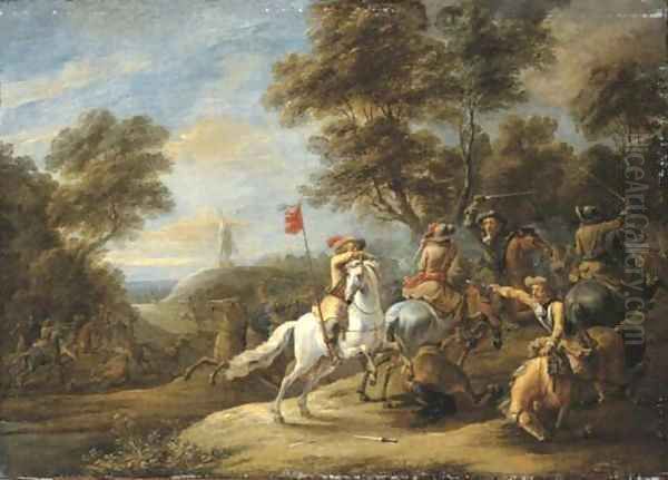 A cavalry skirmish with a windmill on a hill beyond Oil Painting by Adam Frans van der Meulen