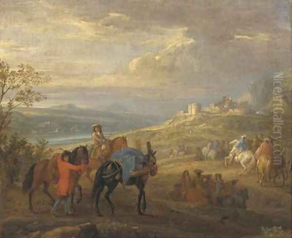 An extensive river landscape with a cavalry troop on a path, a ruined castle beyond Oil Painting by Adam Frans van der Meulen