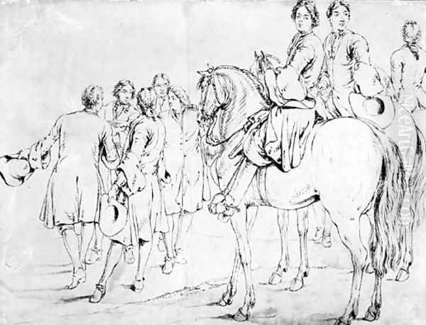 Two mounted Officers, a third behind and a group of five men conferring, some gesturing to the left Oil Painting by Adam Frans van der Meulen