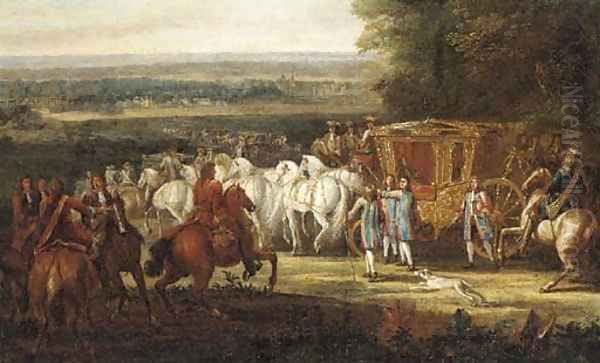 A Royal carriage with attendants in an extensive landscape Oil Painting by Adam Frans van der Meulen