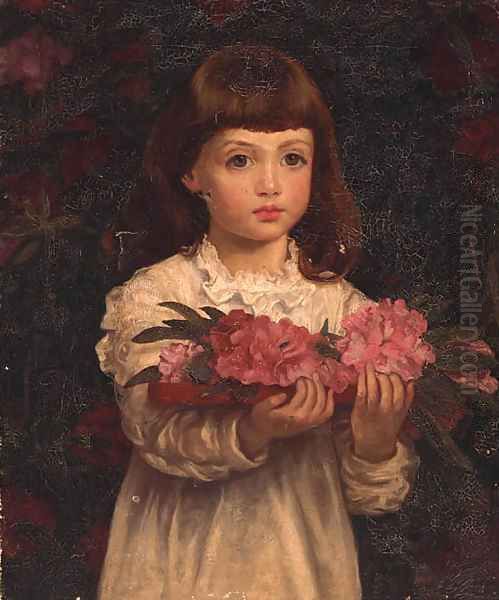 A Young Girl Collecting Rhododendron Flowers Oil Painting by Anna Lea Merritt