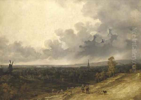 A view over a village in a rainstorm Oil Painting by Georges Michel