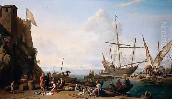 Mediterranean Harbour Scene c. 1758 Oil Painting by Adrien Manglard