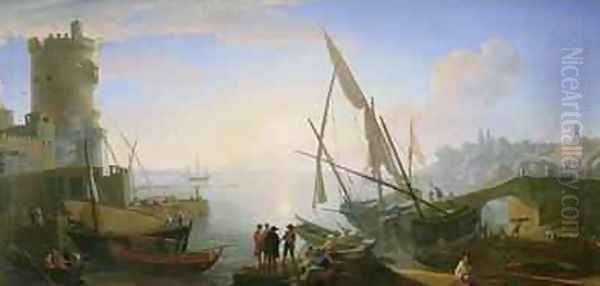 Seaport with sunset Oil Painting by Adrien Manglard