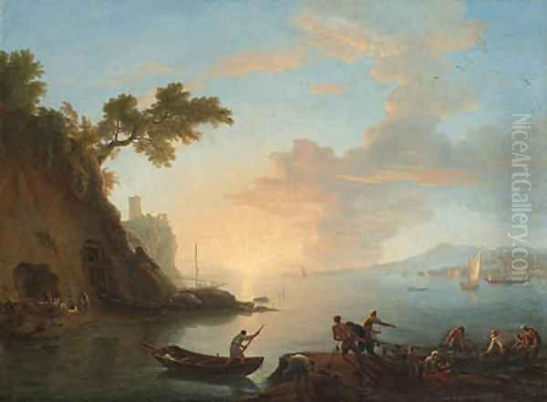 Neapolitan coastal views with a Dutch warship and fishermen in a harbour Oil Painting by Adrien Manglard