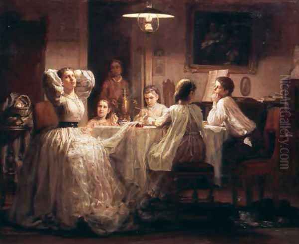 Sewing of the Dowry, 1866 Oil Painting by Vasily Maximov