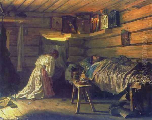 Sick husband, 1881 Oil Painting by Vasily Maximov