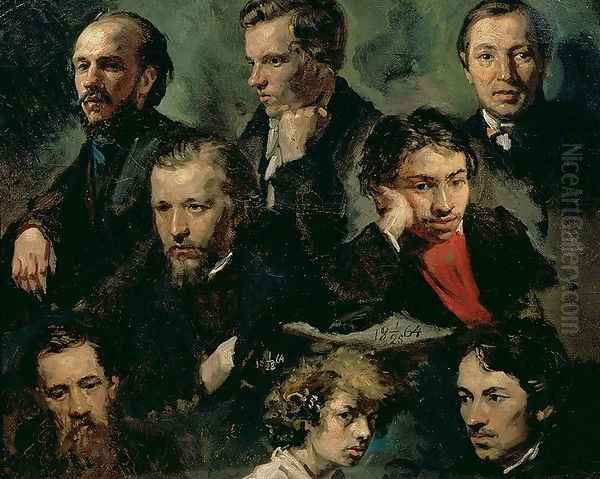 Self Portrait and Portraits of Friends, 1864 Oil Painting by Vasily Maximov