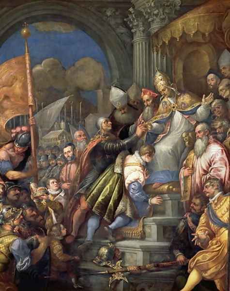 Doge Sebastiano Ziani c.1102-80 Receiving the Blessed Ring from Pope Alexander III 1105-81 Oil Painting by Andrea Michieli (see Vicentino)