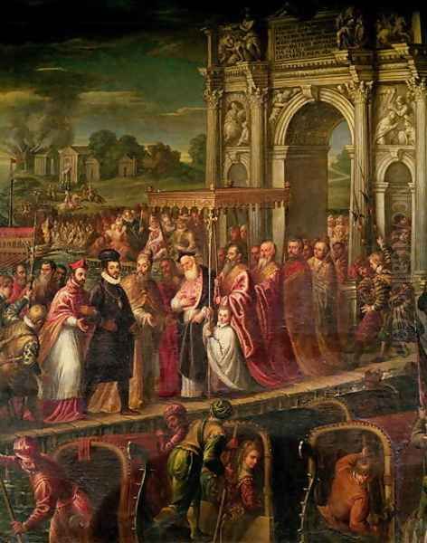 King Henri III 1551-89 of France visiting Venice in 1574, escorted by Doge Alvise Mocenigo 1570-77 and met by the Patriarch Giovanni Trevisan, from the Room of the Four Doors Oil Painting by Andrea Michieli (see Vicentino)