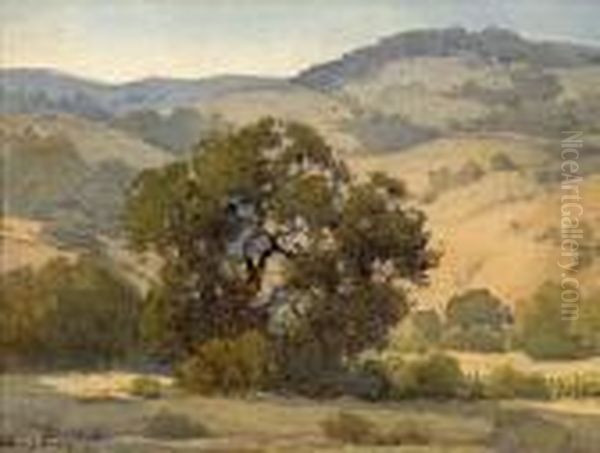 An Old Oak With Sunlit Hills Oil Painting by Percy Gray