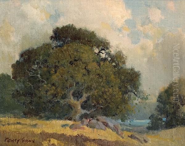 An Old Oak With A Lake In The Distance Oil Painting by Percy Gray