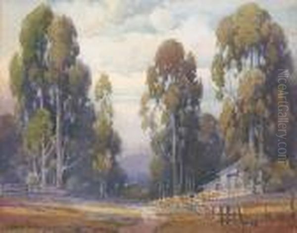 A Farmhouse Under Eucalyptus Trees Oil Painting by Percy Gray