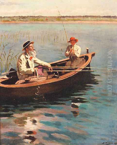 Fishing on a Lake on a Summer's Day Oil Painting by Aleksandr Vladimirovich Makovsky