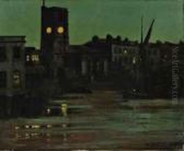 Clock Tower At Dusk, Chelsea Reach Oil Painting by Walter Greaves