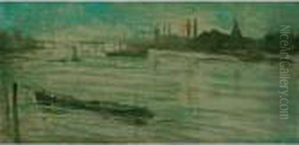 Downriver From Battersea Bridge Oil Painting by Walter Greaves