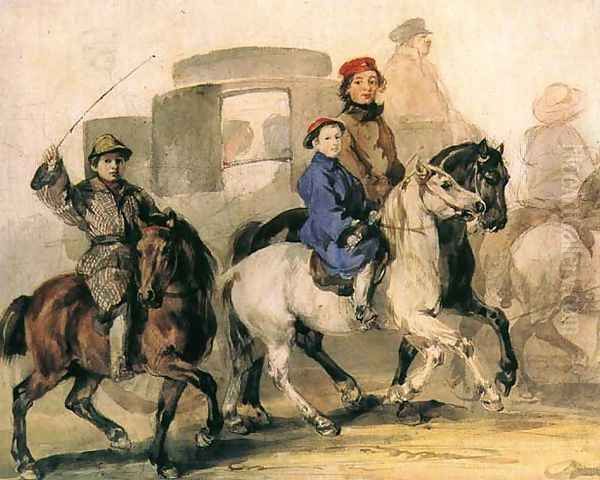 Artist's Children on Horsebacks Oil Painting by Piotr Michalowski