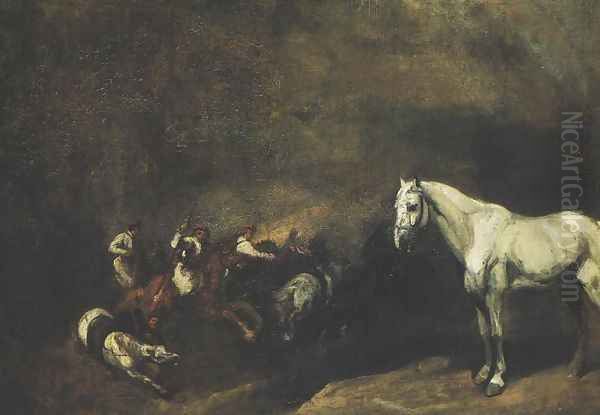 Battle of Light Cavalrymen and a Study of a Horse Oil Painting by Piotr Michalowski