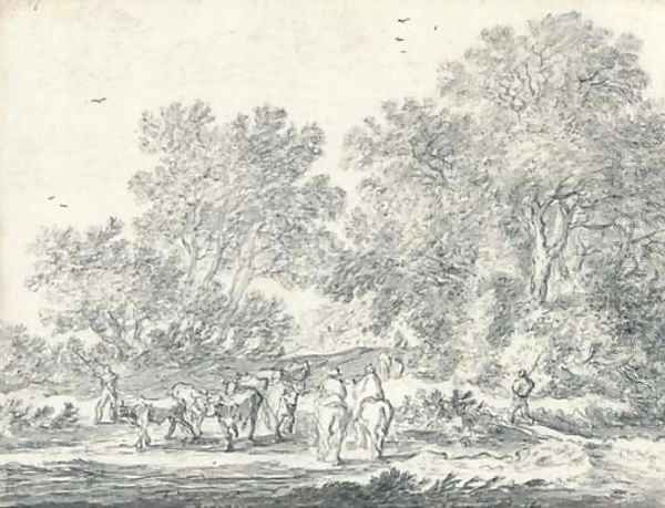 A woodland path with mounted travellers and herdsmen with cattle Oil Painting by Pieter de Molyn